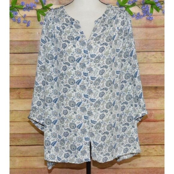 Rose + Olive Womens Blue Floral Button Up V-Neck Blouse Top Plus Size 2X Office - Picture 1 of 10